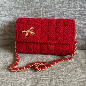 Handmade Plush Yarn Red Clutch Bag with Gold Chain